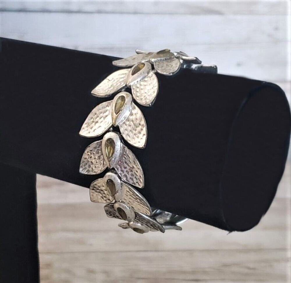 Vintage Clasp Bracelet Silver Tone Laurel Leaf Design with Green Gems - Unusual